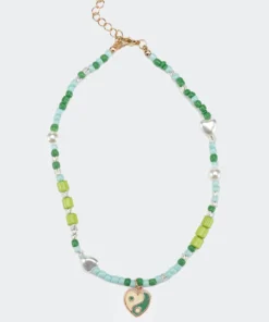 ACC0335_GREEN Yin Yang Heart Beaded Necklace Babe Fest