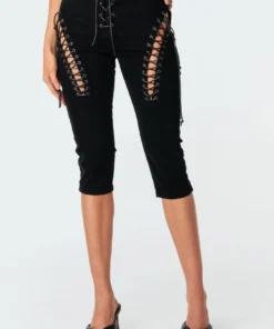 S11213_black Pants Alexiss Lace-Up Capri Jeans