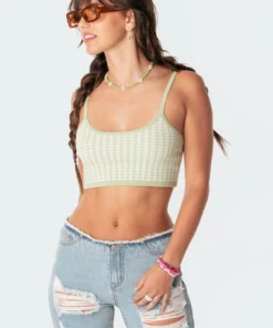 S11201_green Pepita Knitted Crop Top Tops