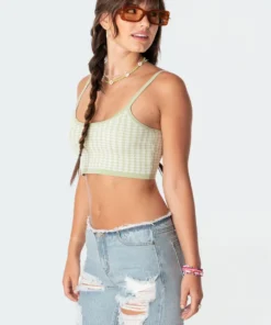 S11201_green Pepita Knitted Crop Top Tops