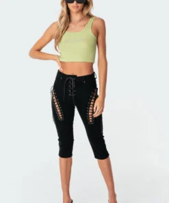 S11213_black Pants Alexiss Lace-Up Capri Jeans