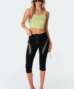 S11213_black Pants Alexiss Lace-Up Capri Jeans