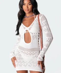 S11291_white Dresses Lotus Cut-Out Crochet Dress