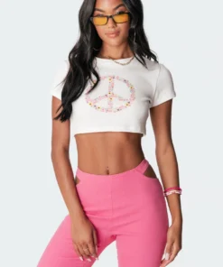S11318_white Tops Flower Child Cropped T-Shirt