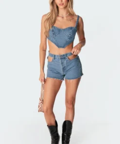 S11302_blue Tops Deena Denim Corset Top