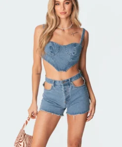 S11302_blue Tops Deena Denim Corset Top