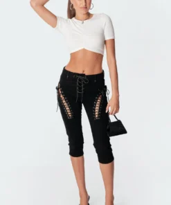 S11297_white Macey Ribbed Gathered Crop Top Tops