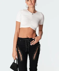 S11297_white Macey Ribbed Gathered Crop Top Tops