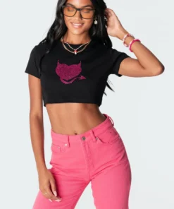 S11096_black Tops Devil Diamond Cropped T-Shirt