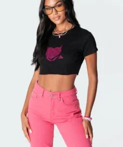 S11096_black Tops Devil Diamond Cropped T-Shirt