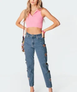 S11292_pink Riley Ribbed Collared Crop Top Tops