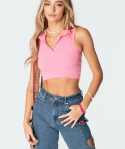 S11292_pink Riley Ribbed Collared Crop Top Tops