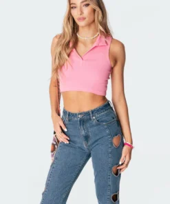 S11292_pink Riley Ribbed Collared Crop Top Tops