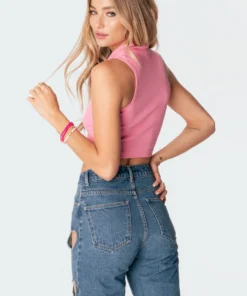 S11292_pink Riley Ribbed Collared Crop Top Tops