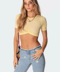 S11297-1_yellow Macey Ribbed Gathered Crop Top