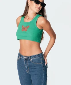 S11268_green Tops Casey Butterfly Ribbed Top
