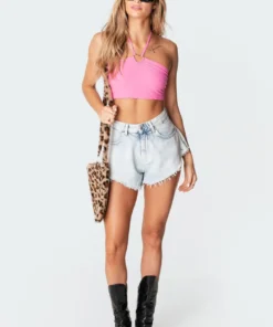 S11246_pink Sianna Heart Halter Crop Top Tops