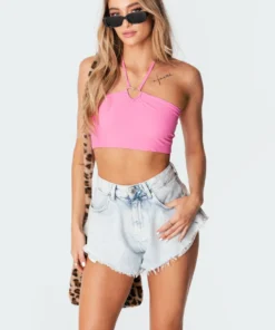 S11246_pink Sianna Heart Halter Crop Top Tops