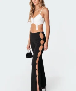 S11179_black Open Ring Flared Pants