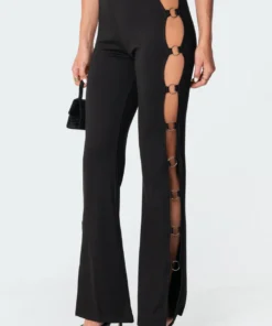 S11179_black Open Ring Flared Pants