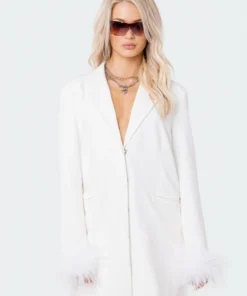 S11935_WHITE Feather Cuff Blazer Dress