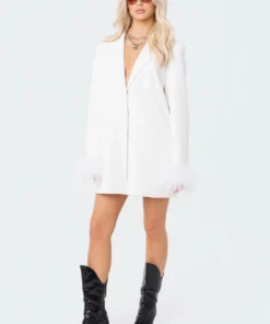S11935_WHITE Feather Cuff Blazer Dress