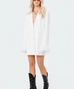 S11935_WHITE Feather Cuff Blazer Dress