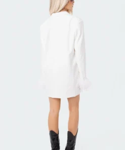 S11935_WHITE Feather Cuff Blazer Dress