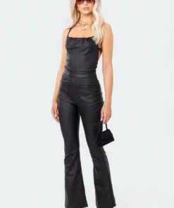 S11978_BLACK Lovers Lane Open-Back Faux Leather Jumpsuit
