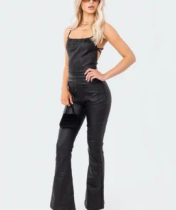 S11978_BLACK Lovers Lane Open-Back Faux Leather Jumpsuit