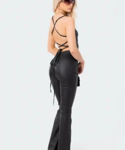 S11978_BLACK Lovers Lane Open-Back Faux Leather Jumpsuit