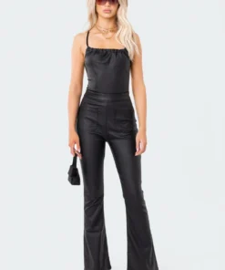 S11978_BLACK Lovers Lane Open-Back Faux Leather Jumpsuit