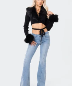S11890_BLACK Lovers Lane Faux Fur Knitted Wrap Top