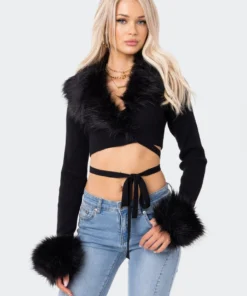 S11890_BLACK Lovers Lane Faux Fur Knitted Wrap Top