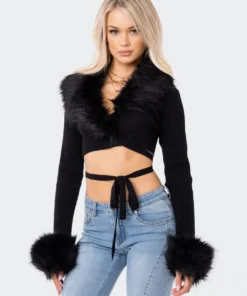 S11890_BLACK Lovers Lane Faux Fur Knitted Wrap Top