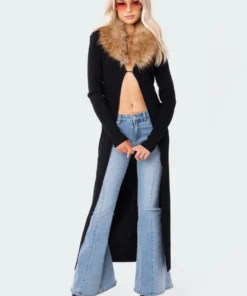 S11956_BLACK Long Faux Fur Knitted Cardigan