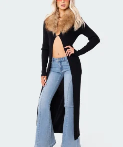 S11956_BLACK Long Faux Fur Knitted Cardigan