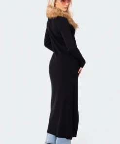 S11956_BLACK Long Faux Fur Knitted Cardigan
