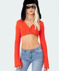 S11636_RED Babylock Waffle Crop Top