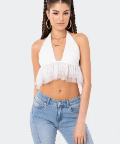 S11916_WHITE Lovers Lane Paola Halter Mesh Ruffle Top