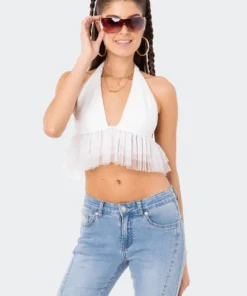 S11916_WHITE Lovers Lane Paola Halter Mesh Ruffle Top