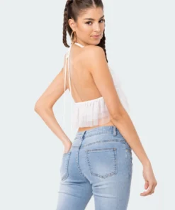 S11916_WHITE Lovers Lane Paola Halter Mesh Ruffle Top