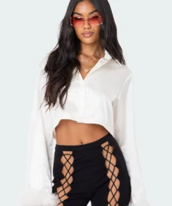 S11892_CREAM Satin Faux Fur Buttoned Shirt