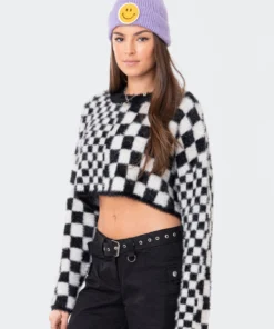 S11909_BLACK-AND-WHITE Tops Aston Check Sweater
