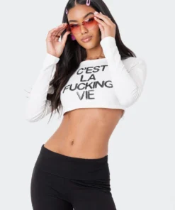 S11827_WHITE Tops Cest La Vie Sequin Crop Top