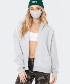 S11931_gray Removable Mask Oversized Hoodie