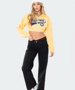 S11894_YELLOW Tops Cali Cropped Zip Hoodie