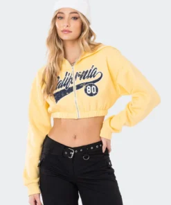 S11894_YELLOW Tops Cali Cropped Zip Hoodie