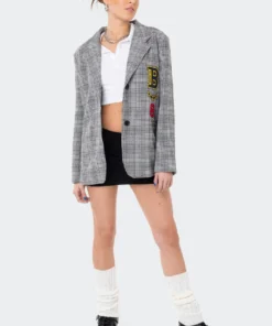 S11908_GRAY Oxford Plaid Patch Blazer