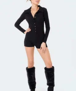 S11456_BLACK Jumpsuits & Rompers Kelsy Ribbed Romper